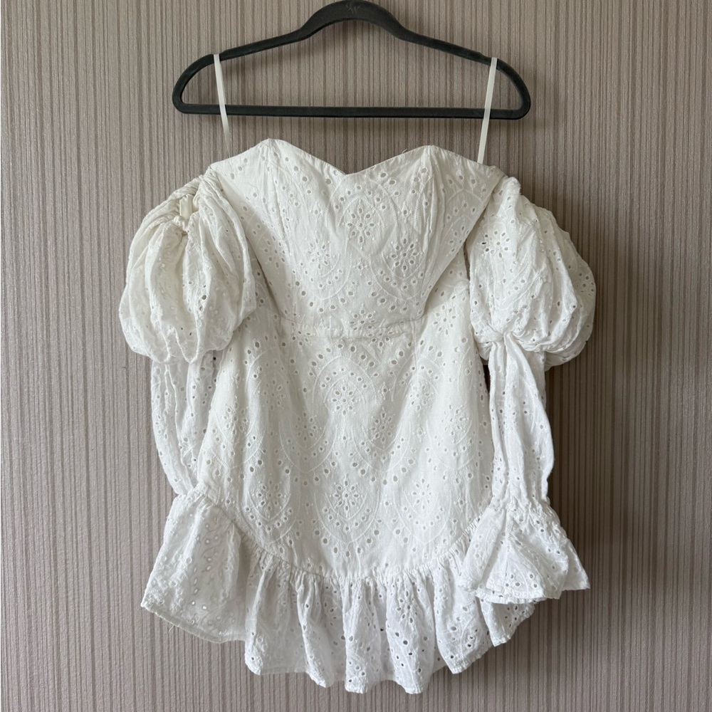 White Eyelet Long-Sleeve Puff-Sleeve Dress